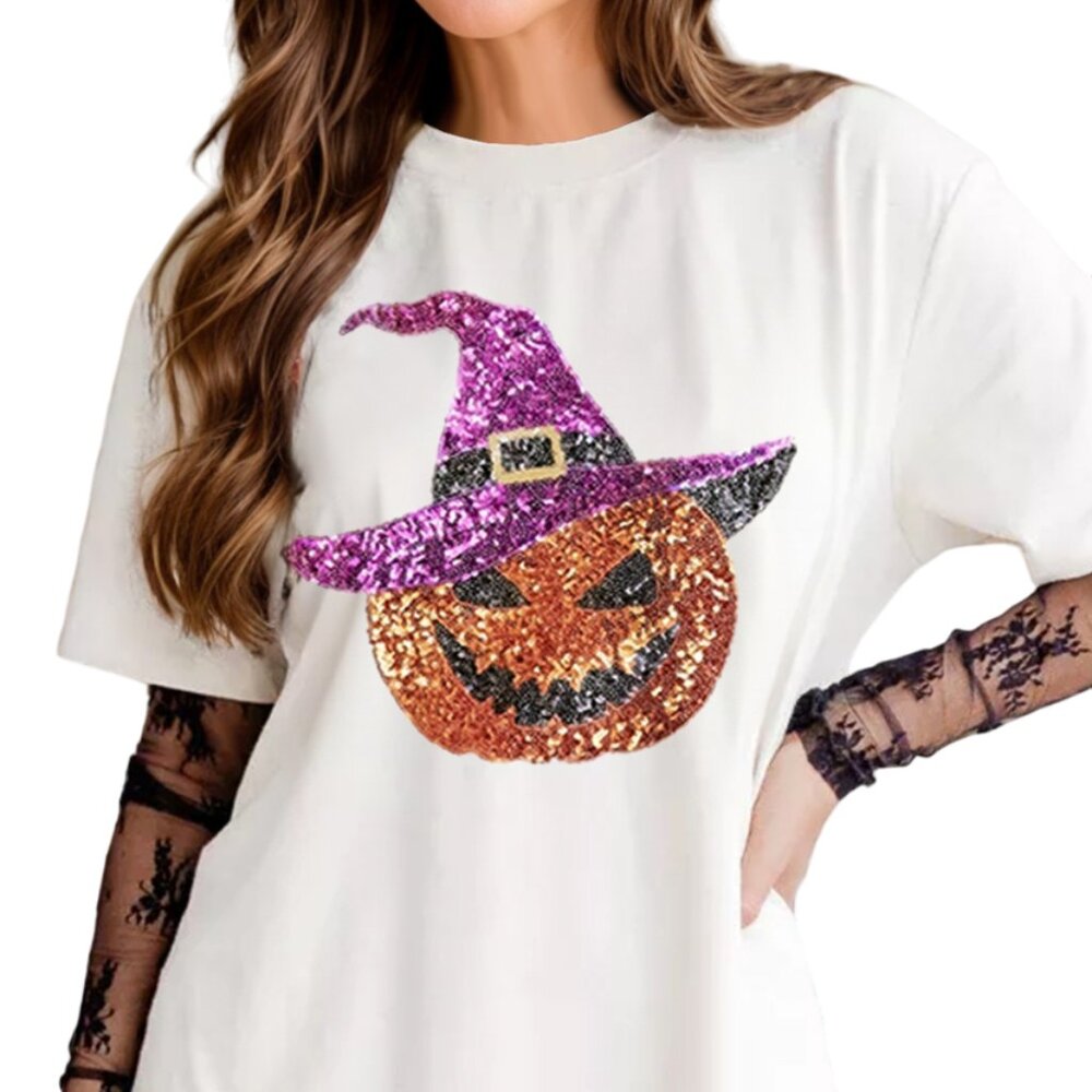 Sequin Pumpkin Round Neck Short Sleeve Women's T-Shirt